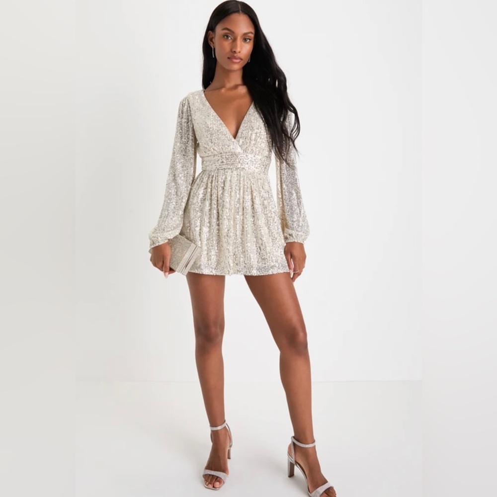 Watch Me Shine Champagne Sequin Plunge Long Sleeve Romper, Size Small